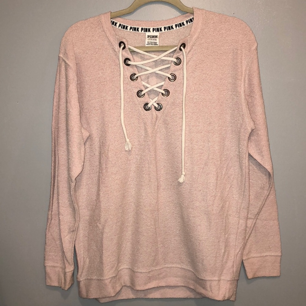 🤍 PINK Lace-Up V Neck Sweatshirt